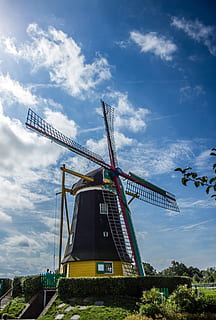 Windmill, Wing, Clouds, sky, blue, wood, flour mill, wind power HD wallpaper