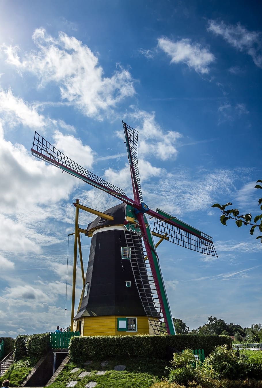 Windmill, Wing, Clouds, sky, blue, wood, flour mill, wind power HD wallpaper