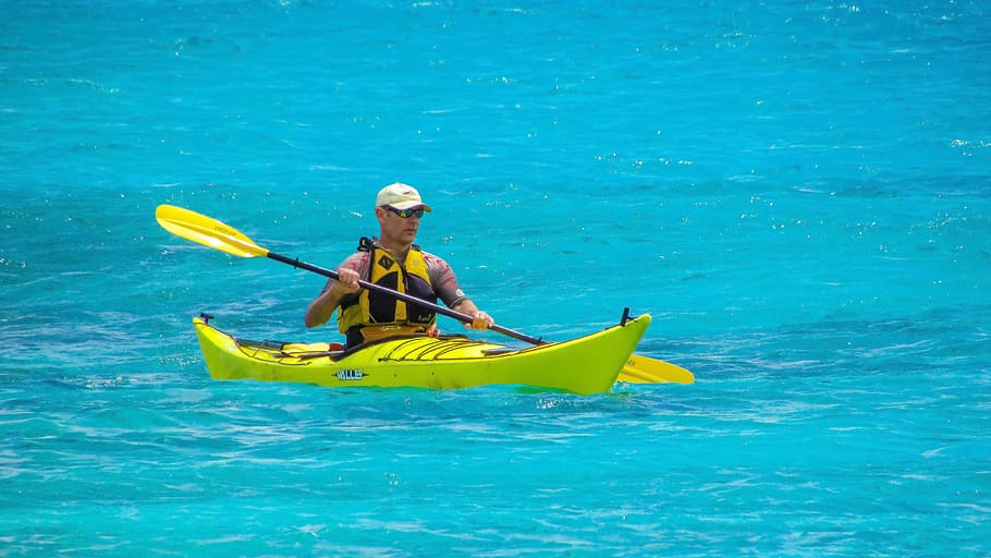 man riding kayak, water, ocean, canoe, sea, summer, leisure, fun