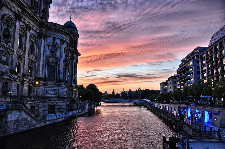 silhouette photography of body of water between buildings, berlin HD wallpaper