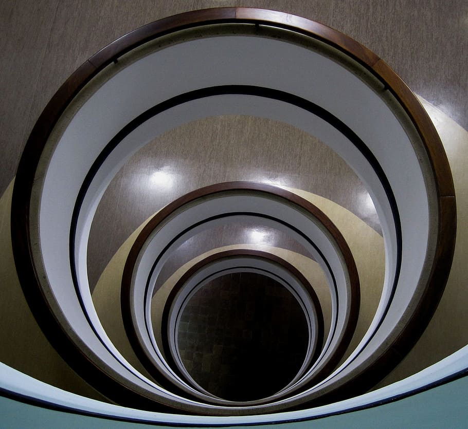circular, repeat, round, concentric, stairwell, white, lights reflecting HD wallpaper