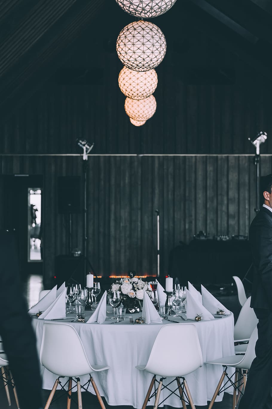 round white and brown dining set with ball pendant lamps photography, white theme table settings HD wallpaper
