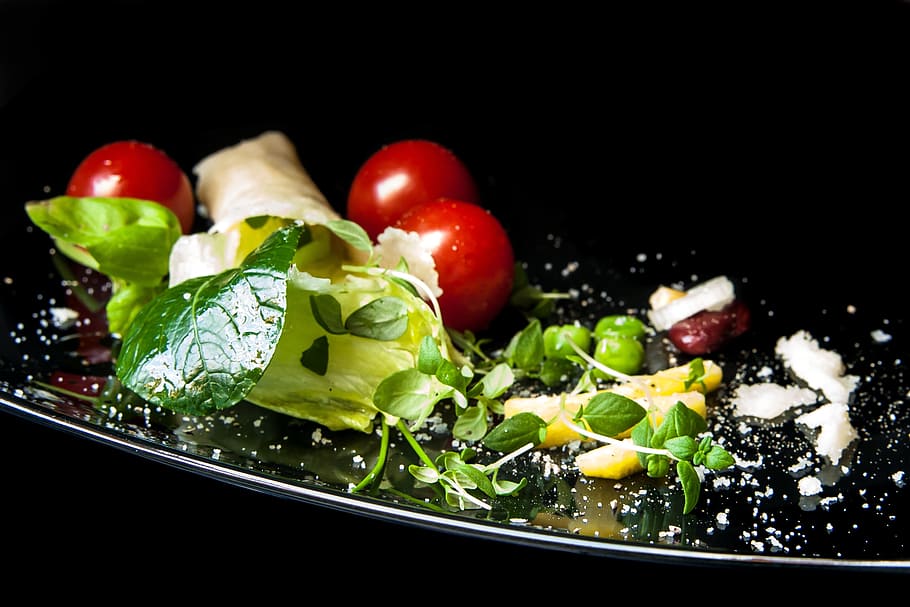 photo of green leaf vegetable and red fruits, salad, leaf lettuce