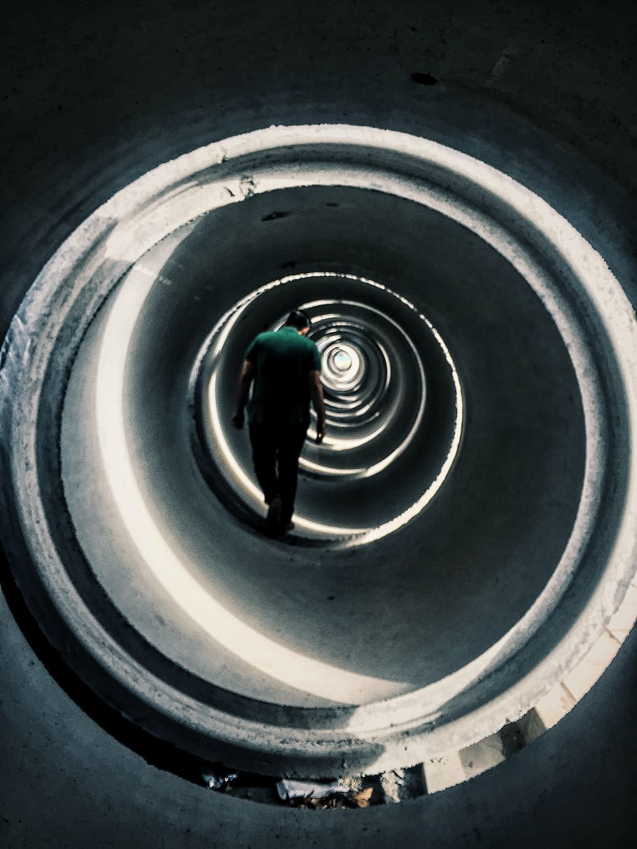 tunnel, alone, urban, circle, geometric shape, one person, real people HD wallpaper