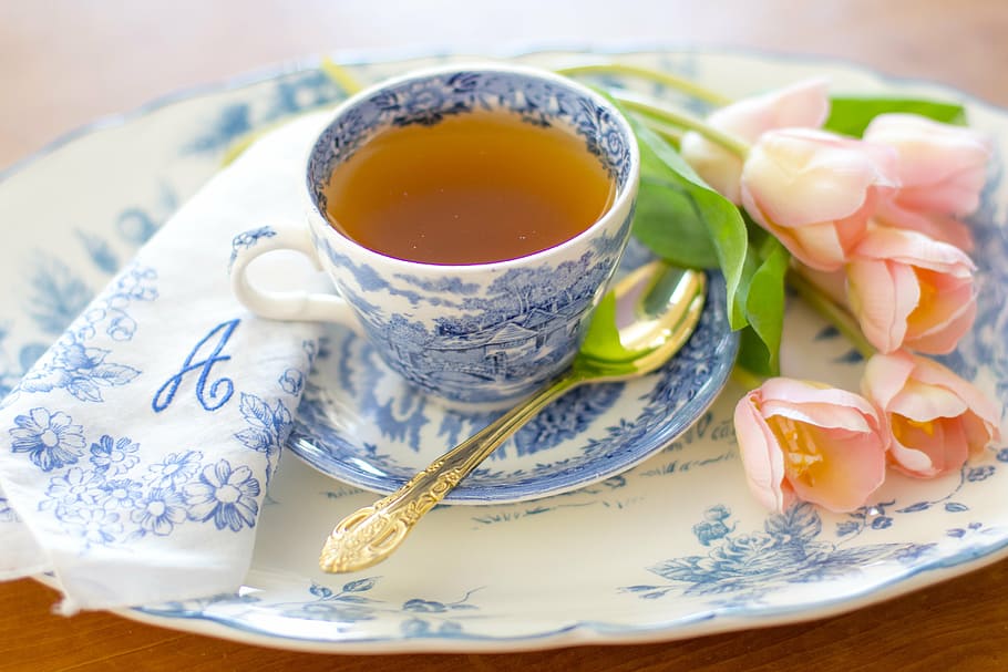 teacup on saucer beside pink flowers, tea cup, coffee cup, vintage
