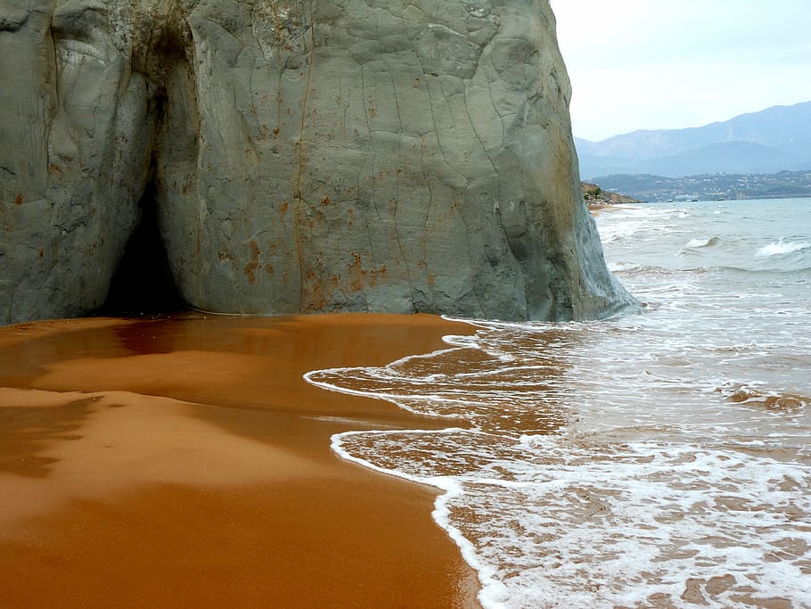 sea, sand, red, cliff, water, beach, greece, wave, nature, coastline HD wallpaper