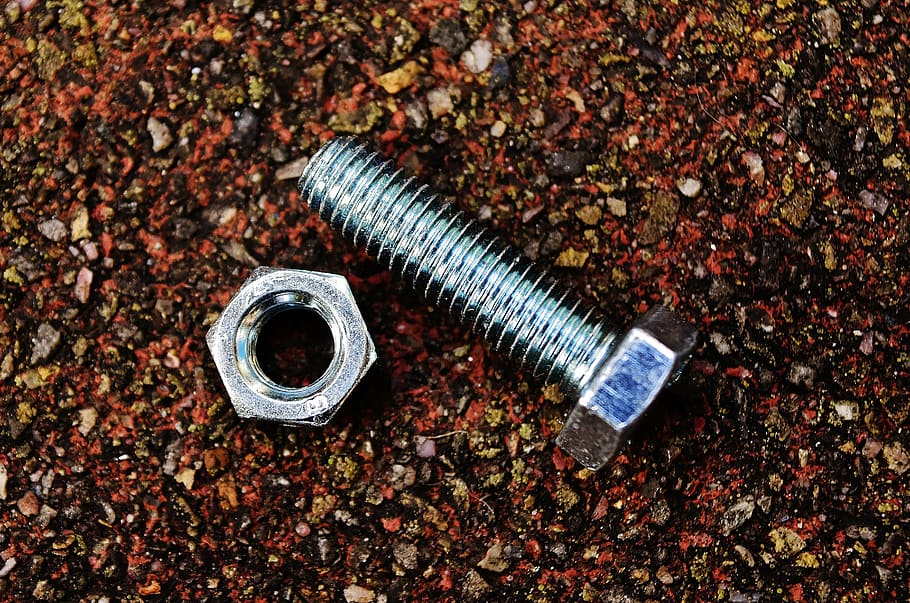 screw, nuts, hex bolt, construction material, silver, steel HD wallpaper