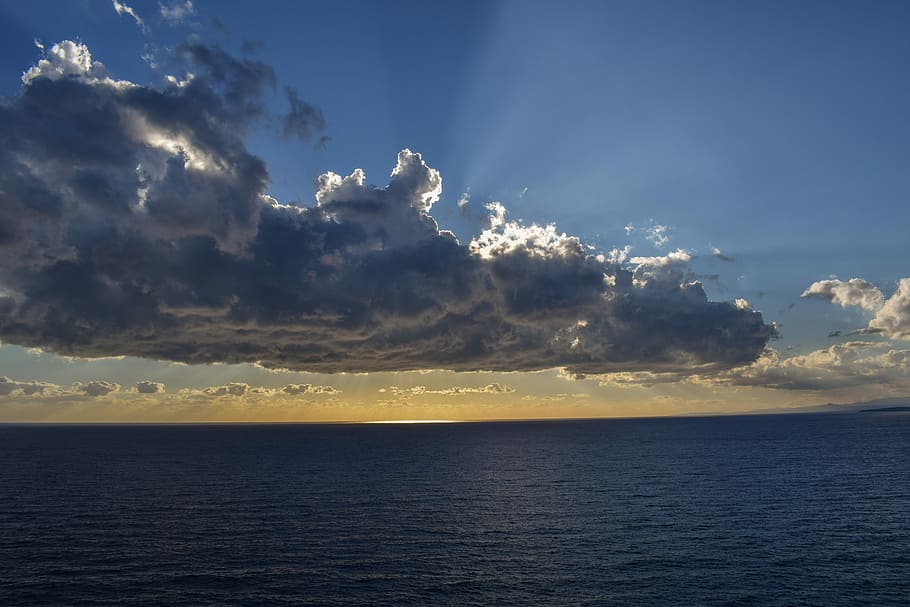 Sea, Clouds, Scenery, Sunbeam, sky, sunlight, nature, horizon HD wallpaper