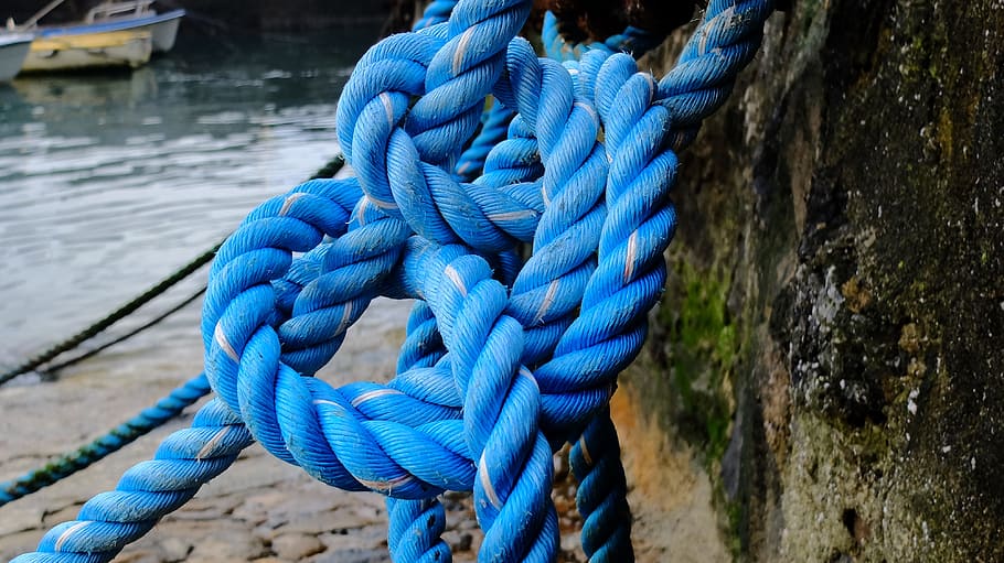 blue rope knot, blue rope, beach, fastener, line, tie, nautical Vessel HD wallpaper
