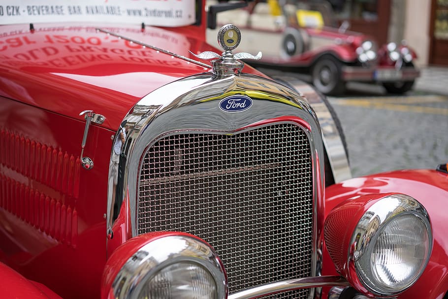 classic red Ford car, classic car, oldtimer, grill, urban, mode of transportation HD wallpaper