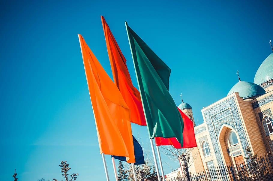 flags, multi-colored flags, green flag, the blue flag, the orange flag HD wallpaper