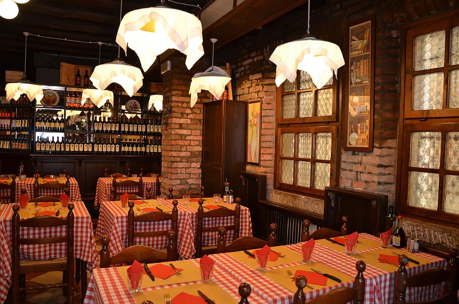 red tissue on dinning table indoor, restaurant, tables, restaurant table HD wallpaper