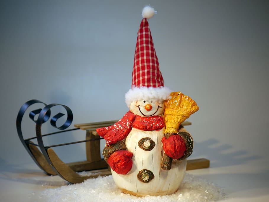 Snowman wooden figurine beside sled, nicholas, christmas, hare HD wallpaper