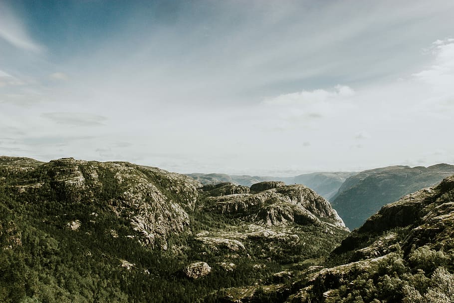 rock mountains under sky, gray cliff during daytime, cloud, tree HD wallpaper
