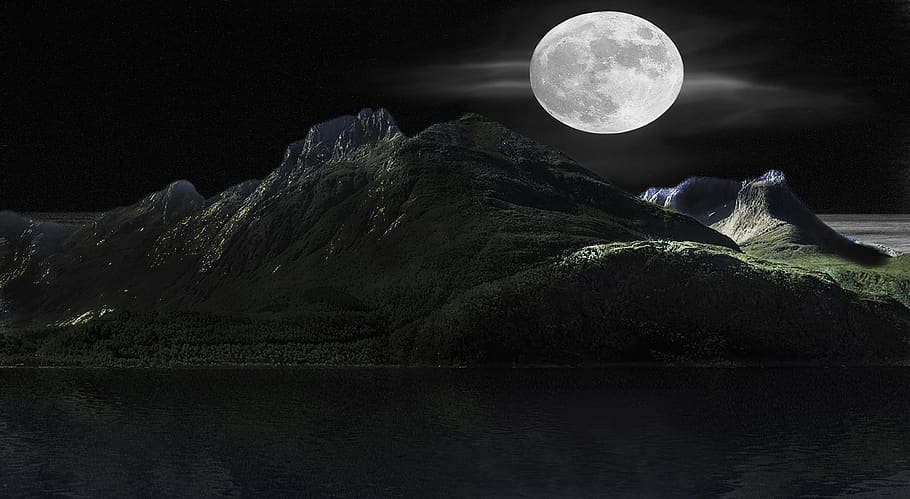 moon, nature, panoramic, dark, desktop, night, full moon, sky HD wallpaper
