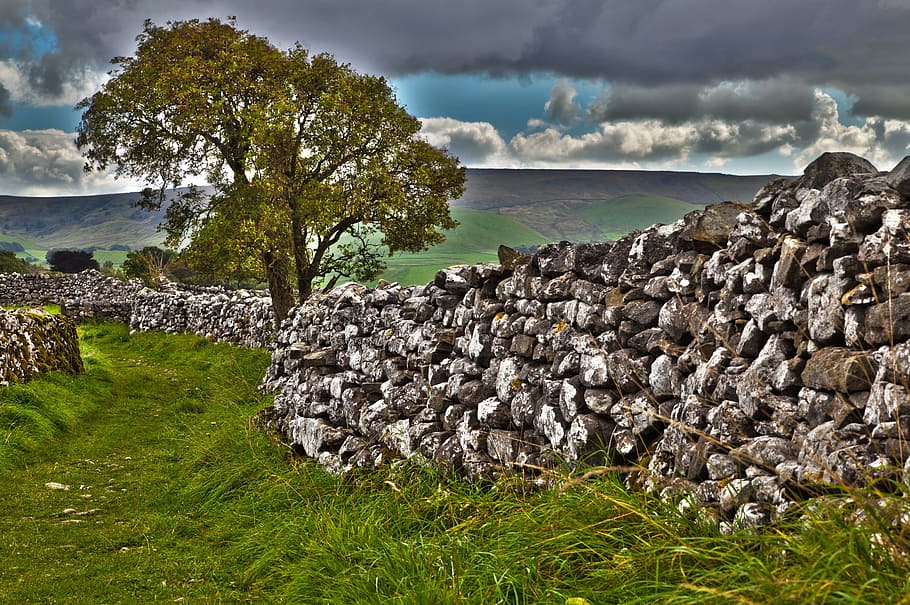 Cloud, Clouds, England, Fence, Grass, green, hill, landscape HD wallpaper