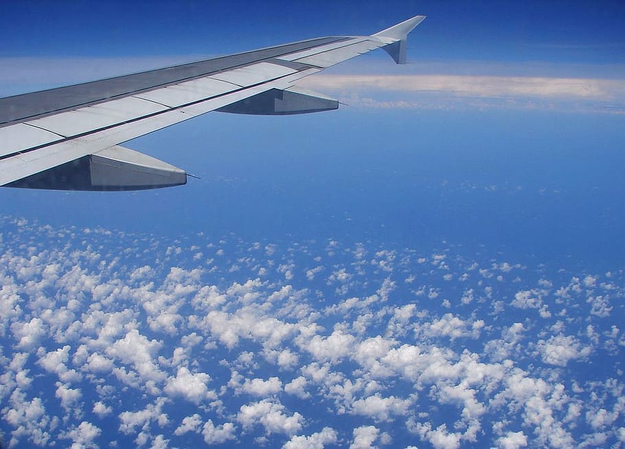 gray airplane wing in air, sky, clouds, aircraft, flight, aeroplane HD wallpaper