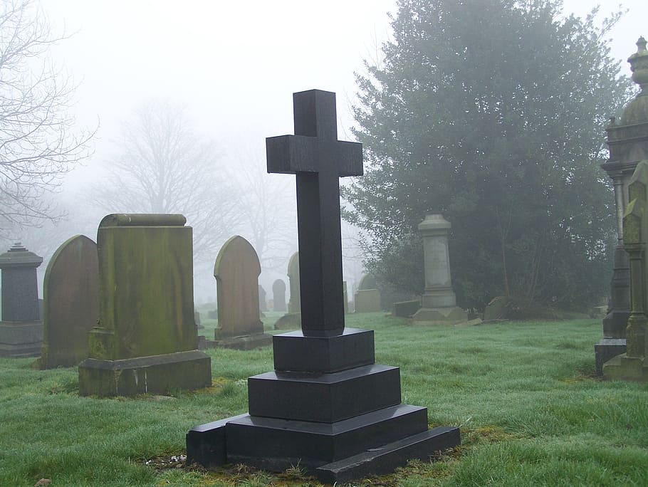 black concrete cross tombstone, cemetery, grave, graveyard, scary