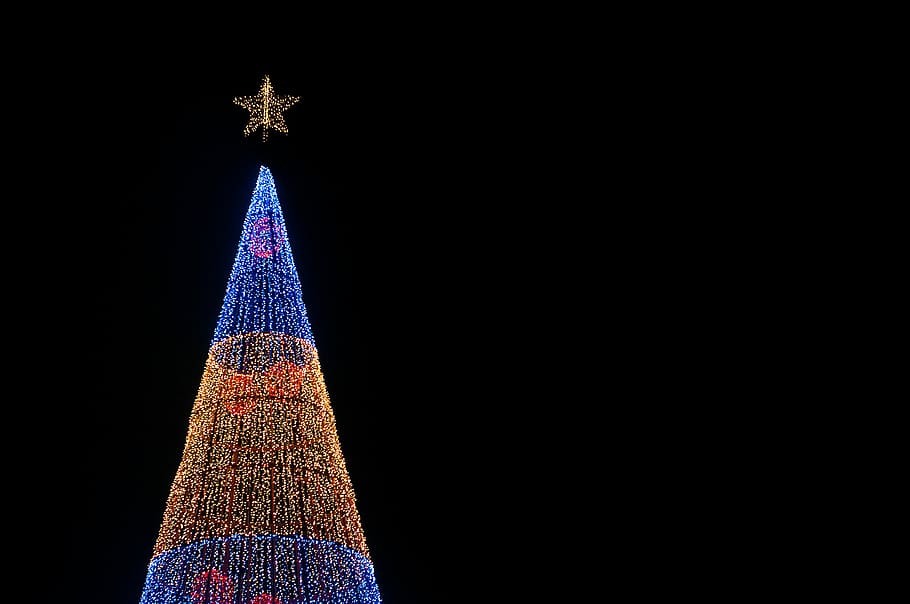 lighted Christmas tree under black sky, blue and orange Christmas tree under black sky HD wallpaper