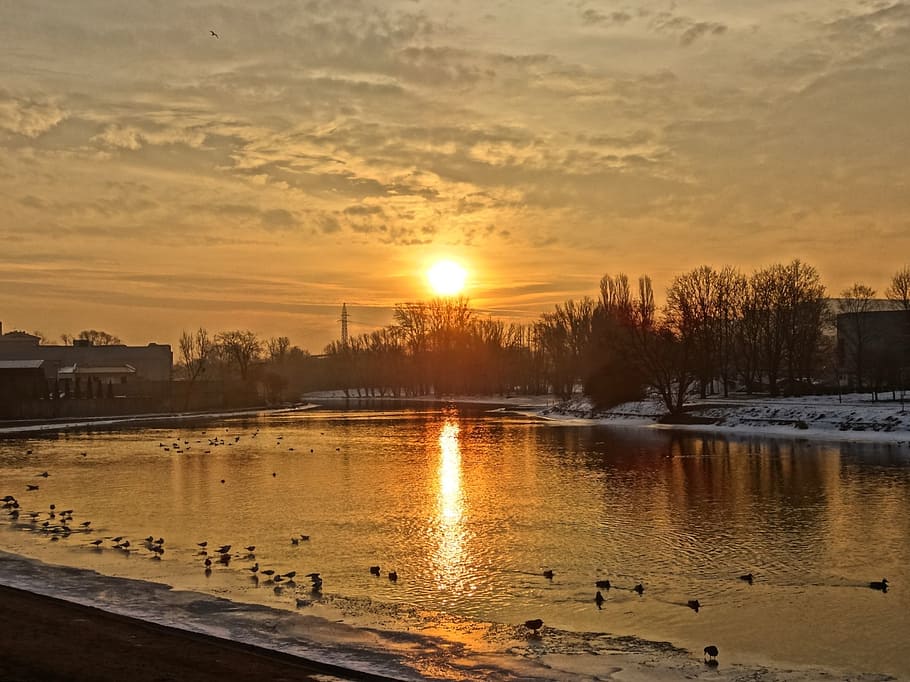 brda, river, poland, sunset, evening, water, reflection, scenery HD wallpaper