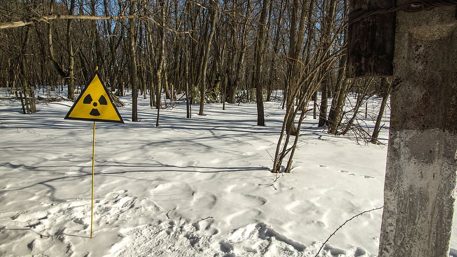radioactive, sign, radiation, snow, exclusion zone, winter