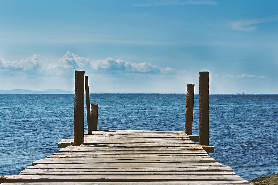 brown wooden dock near ocean at daytime, surrounded, body, water