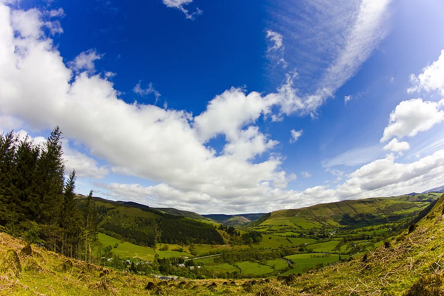 clouds, valley, outdoors, sky, landscape, nature, scenery, blue HD wallpaper
