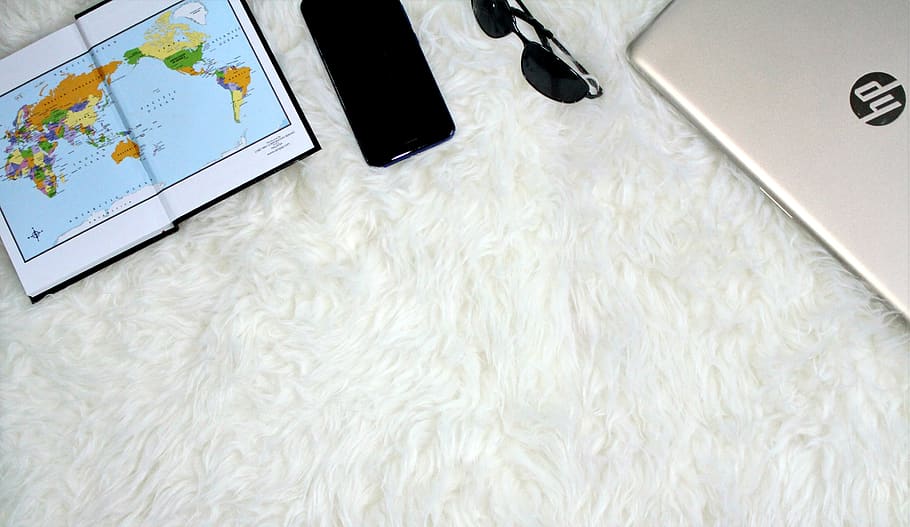 world map, mobile, phone, cell phone, sunglasses, fur, laptop, HD wallpaper