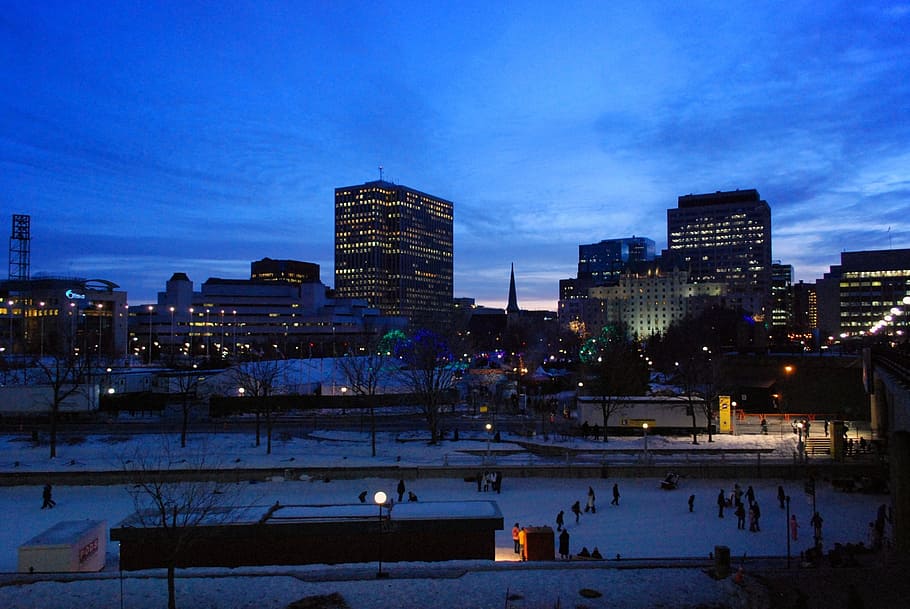 city, lights, night, winter, ottawa, canada, urban, dusk, twilight