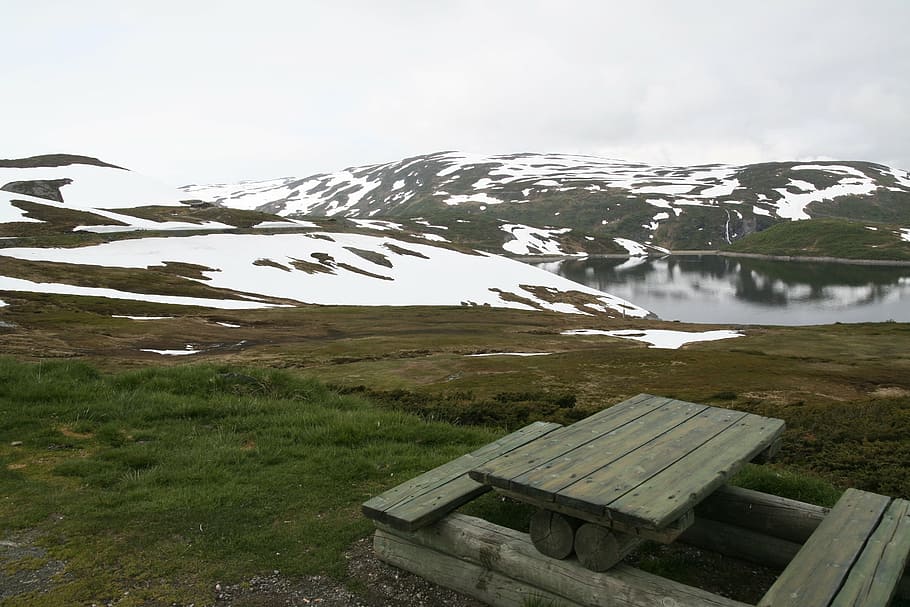 snow, bench, winter, grass, hill, nature, mountain, outdoors HD wallpaper