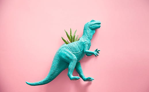 teal plastic T-rex figurine, dinosaur, cactus, succulent, reptile HD wallpaper