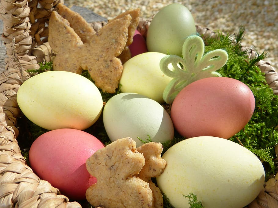 assorted-color egg on brown wicker basket, easter nest, easter eggs, HD wallpaper