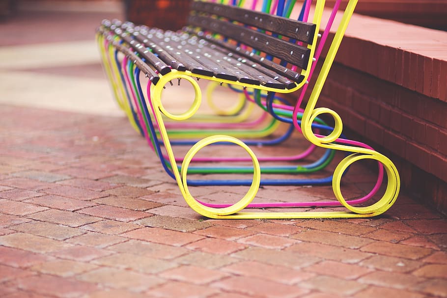 yellow, pink, and brown bench on floor, design, designer, poland HD wallpaper