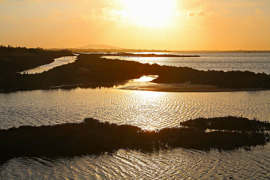 landscape, sun, water, sunset, colors, nature, lake, light HD wallpaper