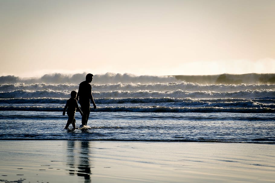 boy and man walking on body of water, silhouette, photo, kid HD wallpaper