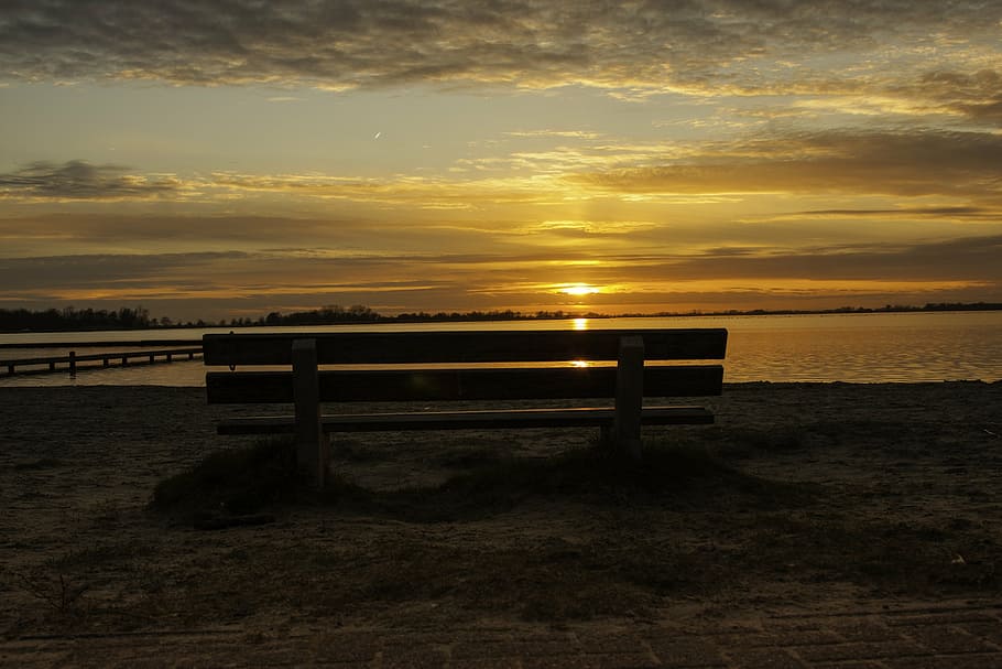 sunset, bench, nature, sky, landscape, outdoor, season, sunlight HD wallpaper