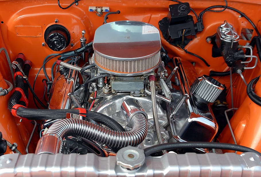 gray and orange engine bay, car engine, motor, vehicle, auto