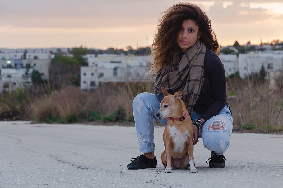 selective focus photography of woman in black long-sleeved top and distressed jeans beside brown dog, HD wallpaper