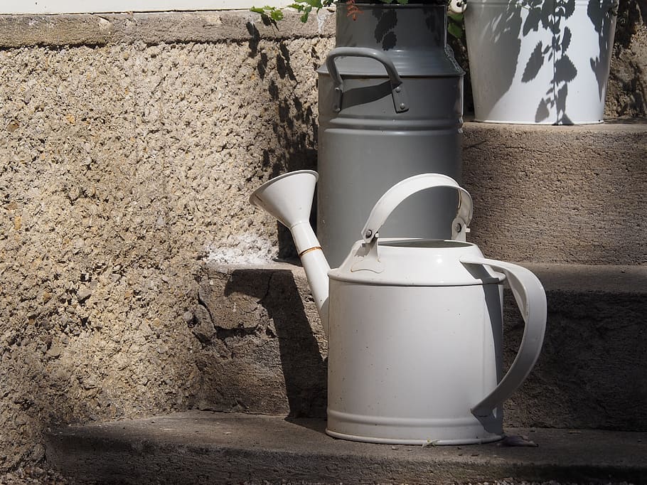 pot, watering can, white, garden, vessel, old, metal, decoration, HD wallpaper