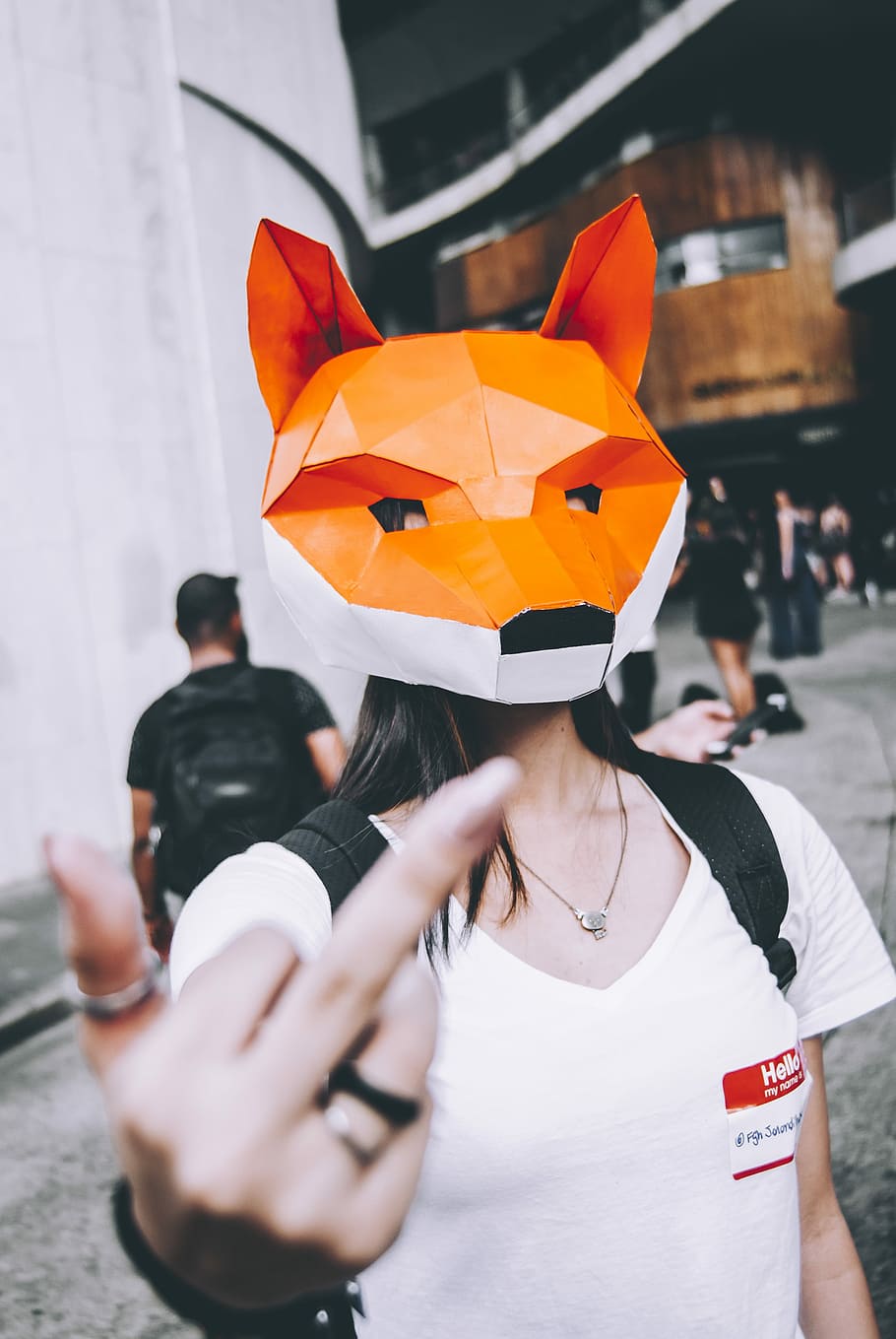 shallow focus photography of woman standing outdoor during day, woman wearing fox headdress