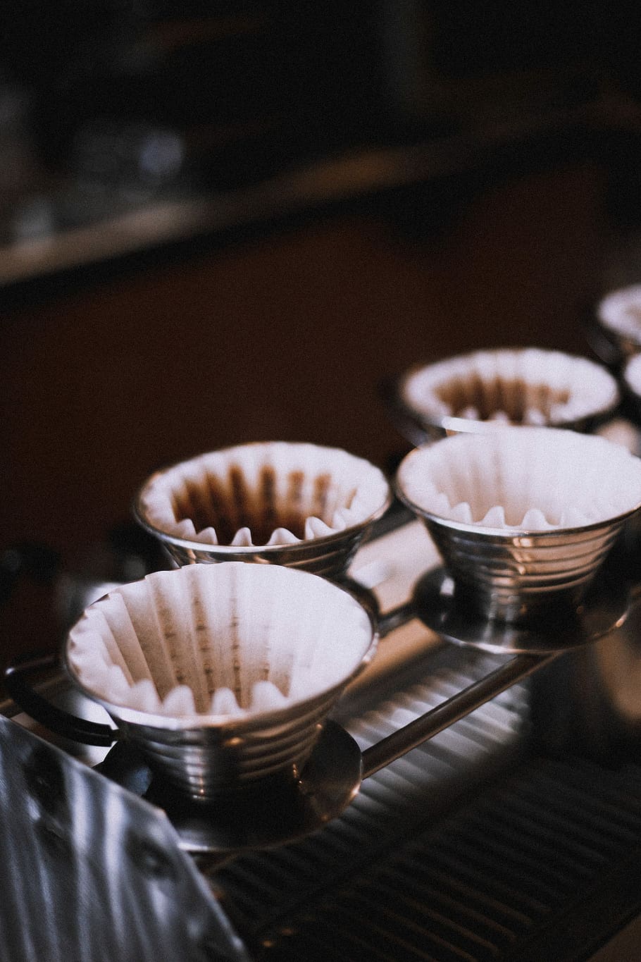 silver teacups, empty muffin mold, coffeeshop, dripcoffee, filter