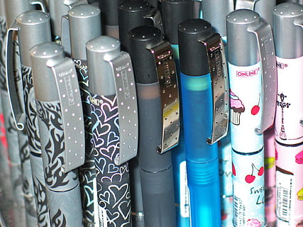 pile of ballpoint pen, pens, writing implement, leave, office accessories HD wallpaper
