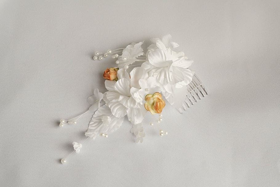 white flower French comb on white textile, trim, artificial HD wallpaper