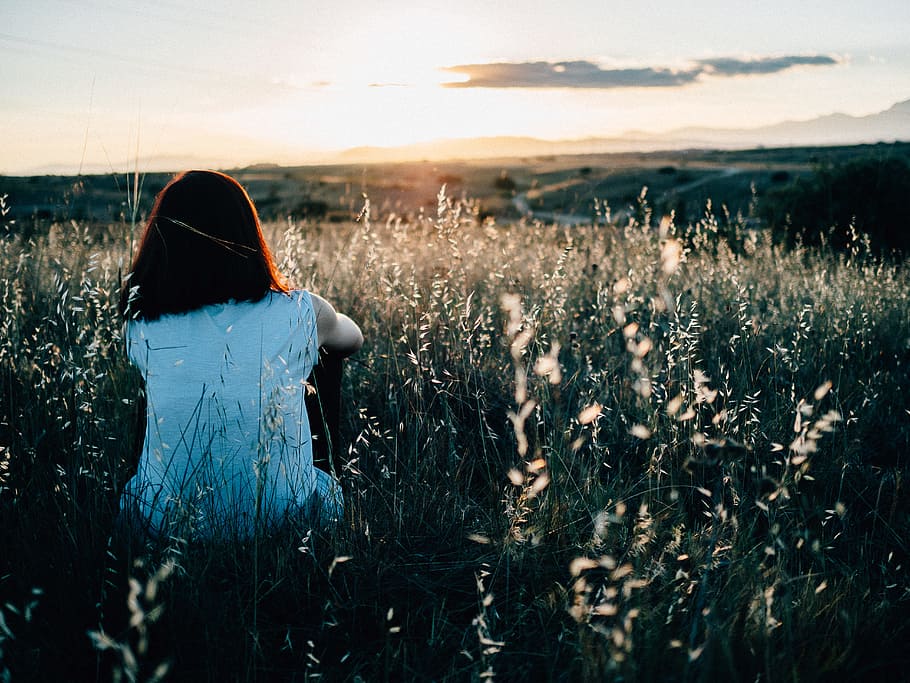 woman sitting on grass field watching sunset, woman wearing white shirt sitting on grass field HD wallpaper