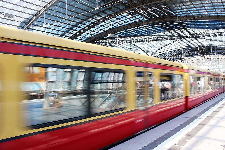 red and white train passing by station, berlin, edited, transportation HD wallpaper