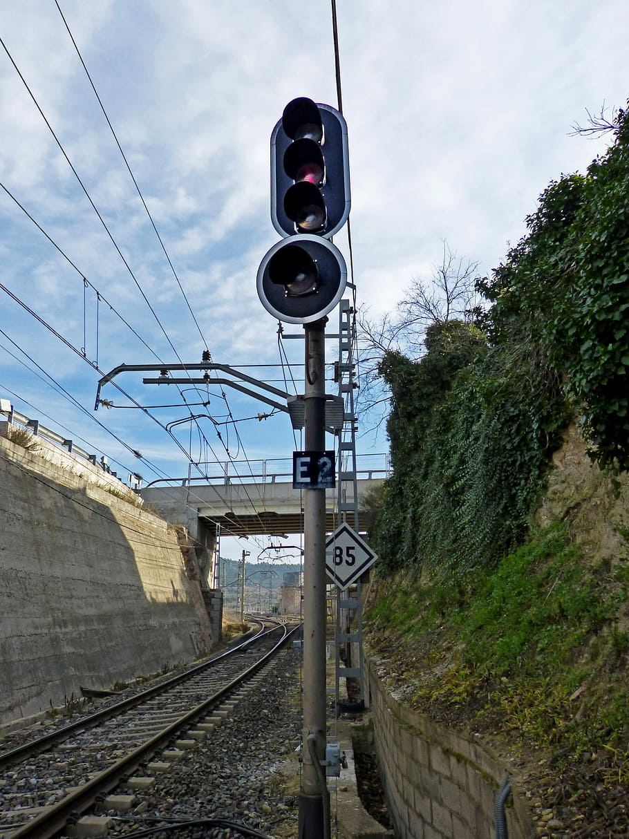 Traffic Light, Catenary, Via, Railway, train line, railroad track, HD wallpaper