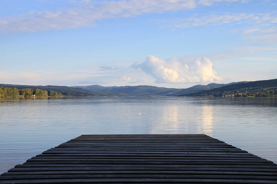 dock, jetty, lake, mountain, river, water, nature, outdoors HD wallpaper