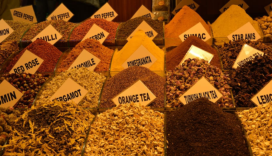 spice selection lot, tee, bazar, bazaar, spices, dried, market