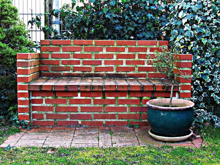 bench, brick, seat, old, stone, plant, architecture, wall, day HD wallpaper