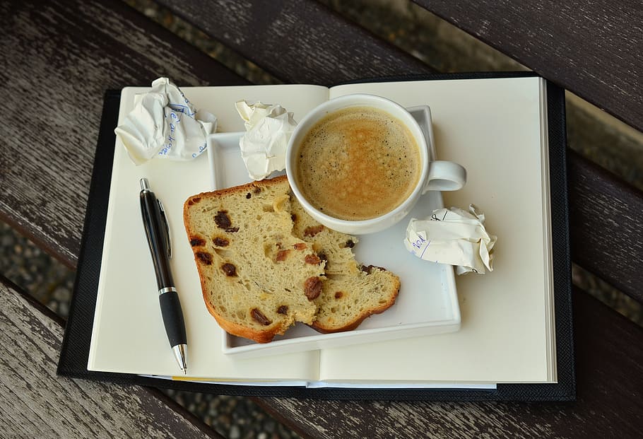 slice of bread with coffee on white book page, break, coffee break, HD wallpaper